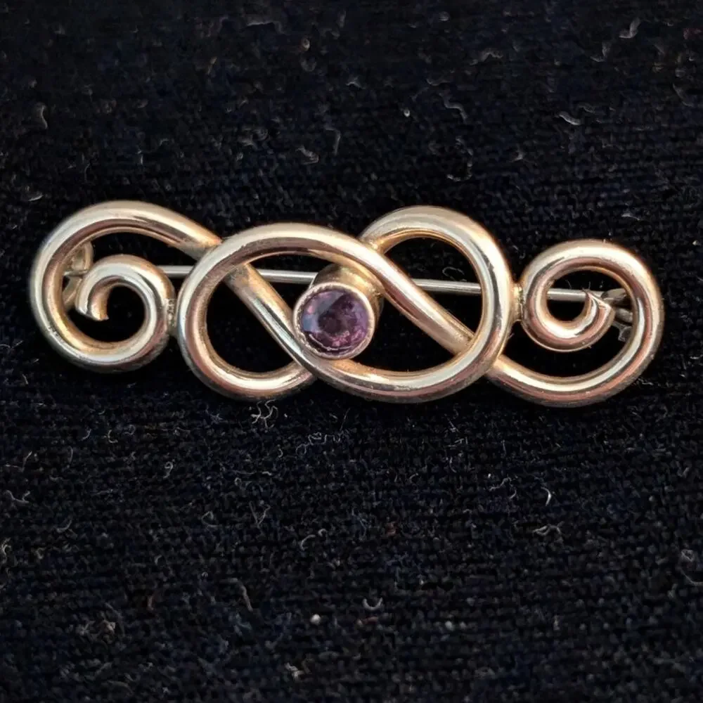 Antique Rolled Gold Bezel Set Purple Crystal Bar Pin